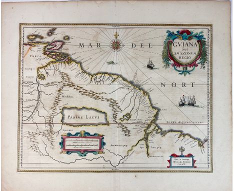 SOUTH AMERICA -- "GUIANA sive Amazonum Regio". Amst., H. Hondius, n.d. (1639-44). Engr. map in cont. colouring w. compass ros