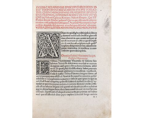 EUSEBIUS CAESARIENSIS. Chronicon id est temporum breviarium incipit foeliciter. (Venice, E. Ratdolt, 1483). 179 lvs. 18th c. 