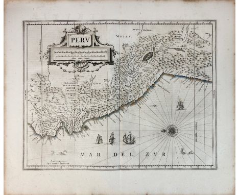 SOUTH AMERICA -- PERU -- "PERU". Amst., J. Janssonius, n.d. (between 1646 and 1657). Plain engr. map w. fine title cartouche 
