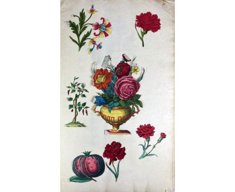 SCRAPBOOK. (1700-1800). C. 200 lvs. W. numerous cut-outs, scraps, drawings, for a large part in colour, in equal parts mounte