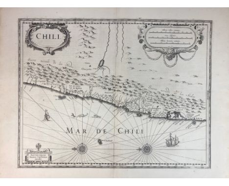 SOUTH AMERICA -- CHILI -- "CHILI". Amst., J. Janssonius, (1652/58). Plain engr. map w. 3 cartouches and 2 compass roses. 380 