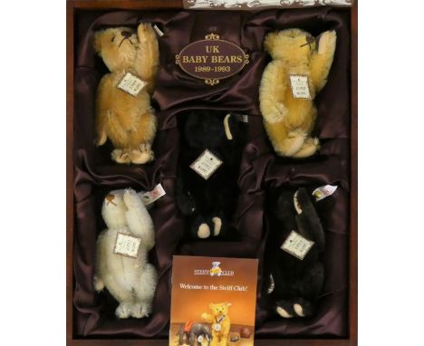 A Steiff boxed set of UK Baby Bears, 1989-1993, comprising Baby Bear 1989 in yellow, miniature bear 16cm high, Baby Bear 1991