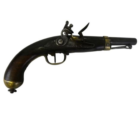 A Belgian Flintlock pistol, 19th century, barrel bears Liege ELG proof mark, polished wood stock, with brass trigger guard, b