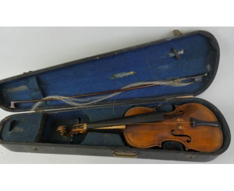 A French violin, with 34½cm back, 59cm overall, with bow, in black and blue carry case.