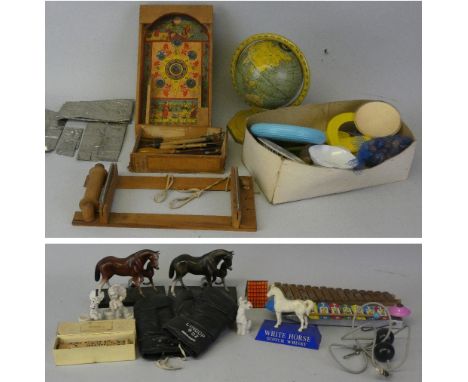 Two boxes of miscellaneous collectible toys, comprising; pinball game, globe, bag of marbles, wooden dog puppet, jump rope, t