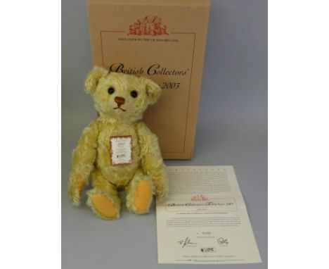 A Steiff limited edition yellow teddy bear, 2003 British Collectors Club, EAN 660955, No. 1350/4000, 36cm high, with brown ey