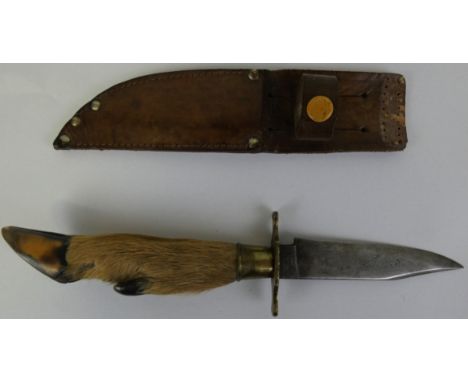 W.H. Fagan &amp; Son, Sheffield, a steel bladed knife, with deer's foot handle, leather scabbard, length 23cm.