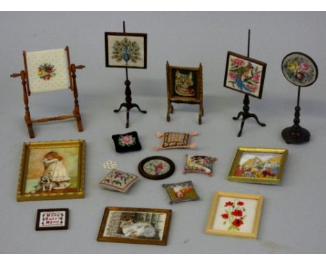 Sixteen dolls house embroidered/hand painted accessories, comprising hand painted girl with dog in corner signed J. R. Caldic