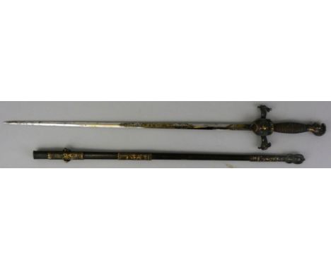 An American Knights Pythias Fraternity Sword, the double edge steel blade etched with original owner's name I. Foot, and make