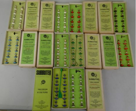 A collection of ten boxed Subbuteo 00 scale table soccer players, including Man City F.C., Man Utd, Wolves, Swindon, Middlesb