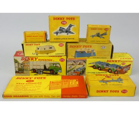 Dinky - Eight die-cast models comprising; No. 069 Dublo Massey-Harris-Ferguson Tractor, No. 117 Four Berth Caravan, No. 190 W