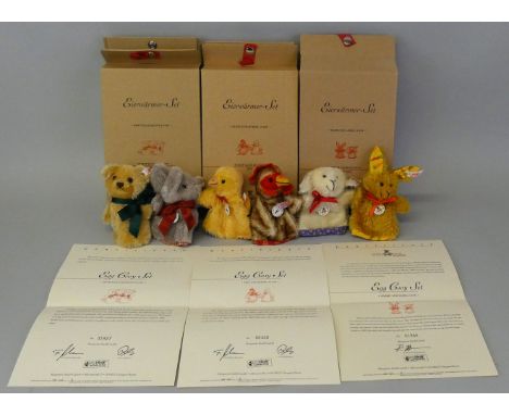 Three Steiff Club Edition Egg Cosy sets; "Hen and Chick", No.00305, EAN 420344, both 12cm tall, "Rabbit and Lamb", 2002, No. 