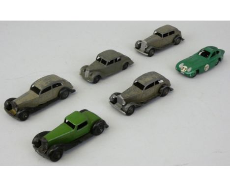 Dinky - Six vintage unboxed and playworn die-cast vehicles comprising; No. 30B Rolls Royce 1946 (x2), No. 30C Daimler 1946-50