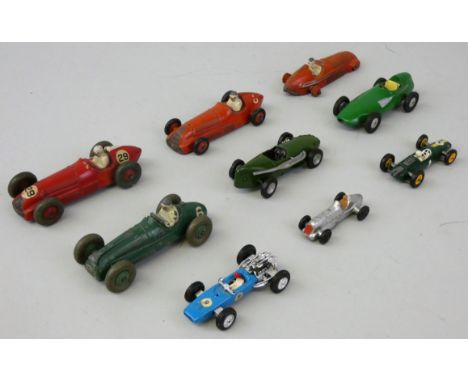 Various Makers - Nine vintage unboxed and playworn die-cast racing cars comprising; Dinky No. 23F Alfa-Romeo (x3, one lacking