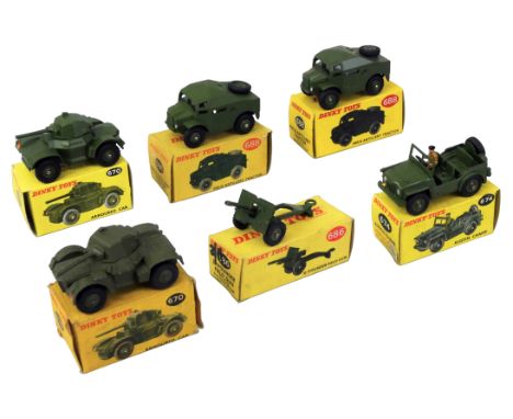 Dinky - Six die-cast models comprising; No. 670 Armoured Car (x2), No. 674 Austin Champ, No. 688 Field Artillery Tractor (x2)