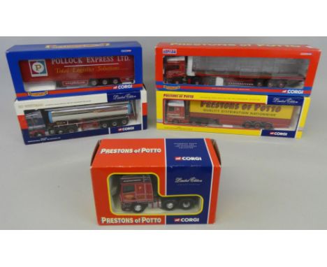 Corgi - Five die-cast transport vehicles comprising; CC132081 DAF XF Space Cab, CC19905 Curtainside Trailer, CC13505 Volvo FM