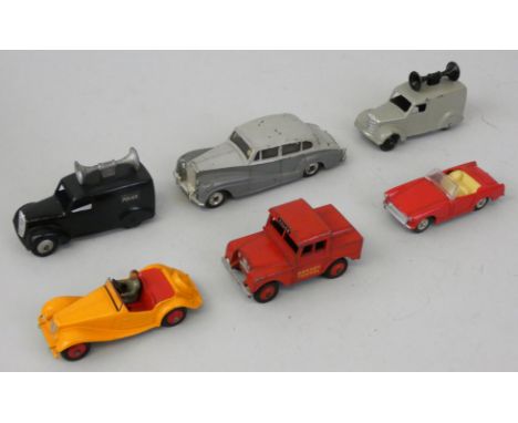 Dinky - Six vintage unboxed and playworn die-cast vehicles comprising; No. 34C/492 Loudspeaker Police Van (x2), No. 108 M.G. 