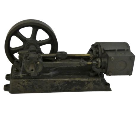 A model horizontal beam live steam double piston engine, mounted on a cast iron plinth, 20cm.