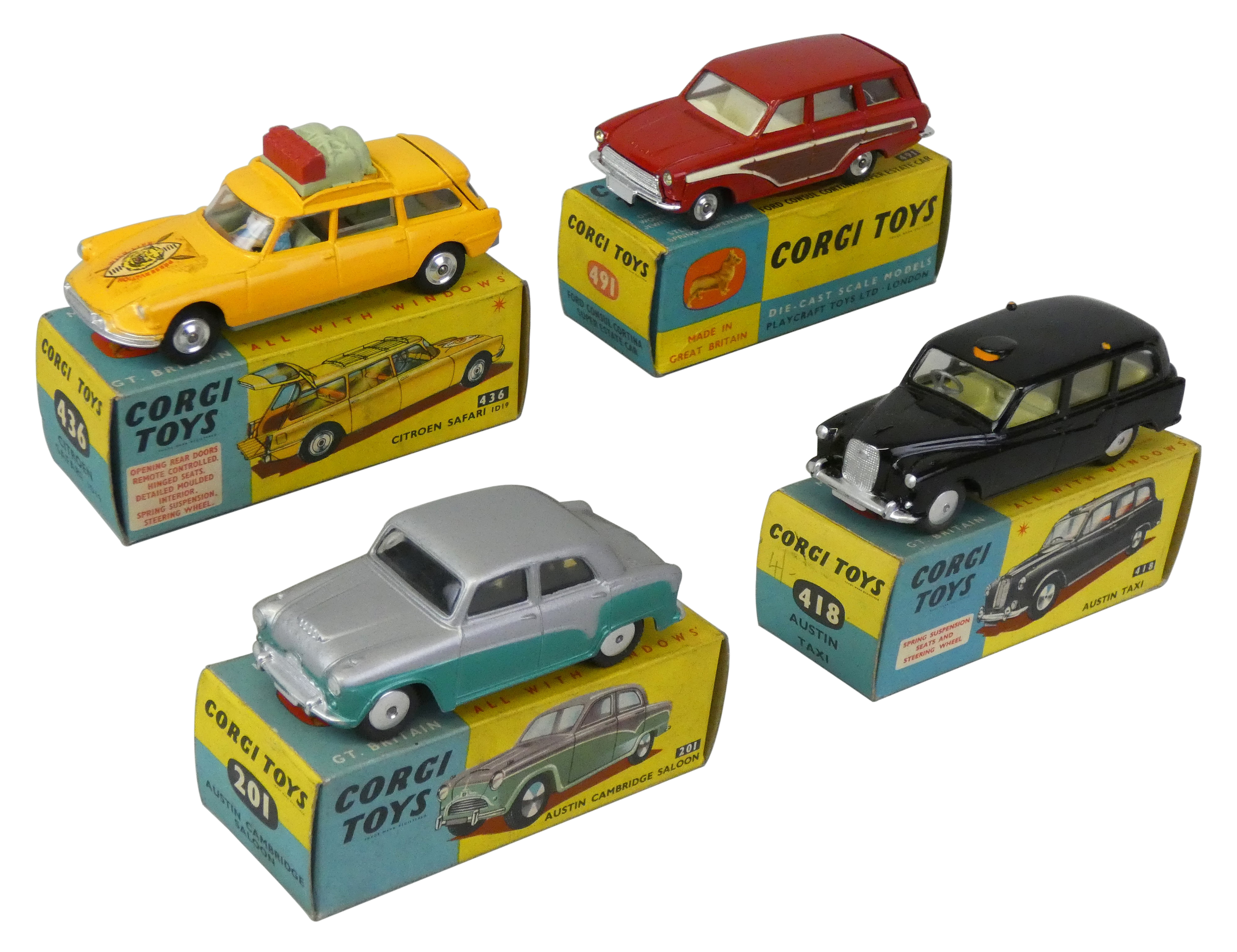 Four diecast models comprising; No. 201 Austin Cambridge Saloon, No. 418 Austin London T