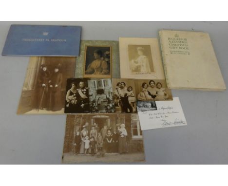 A collection of Royal Family memorabilia, comprising; signed photo of Queen Alexandra, postcards, Christmas cards, a 'Trekløv