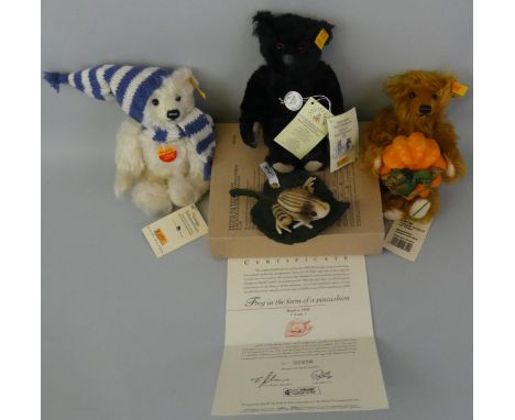 Three Steiff limited edition teddy bears and a "Frog in the form of a Pincushion", 2003 Club Edition, 1903 replica, No. 02256