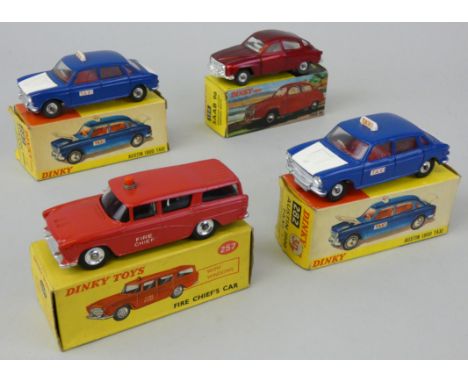 Dinky - Four die-cast models comprising; No. 156 Saab 96, No. 257 Fire Chief's Car and two No. 282 Austin 1800 Taxi's, boxed 