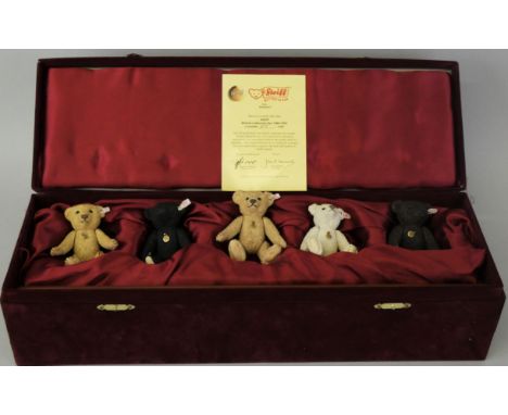 A Century of Steiff set 1989-1993, British Collectors Club, EAN 654497, No. 277/1500, each 18cm high, five porcelain bears wi