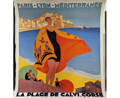After Roger Broders, La Plage De Calvi-Corse, offset lithograph, published 1960s, full sheet, H.82cm W.64cm