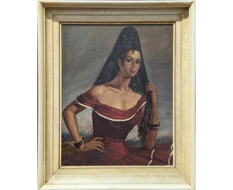 Mid 20th century Continental School, portrait of Mediterranean Flamenco lady, oil on board, H.50cm W.40cm