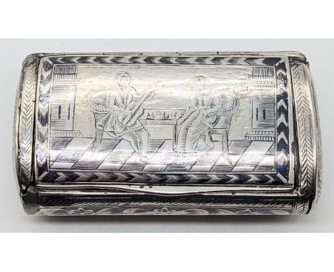 A 19th century Russian Niello silver snuff box, the lid depicting a man playing an instrument to a lady, the reverse side dep