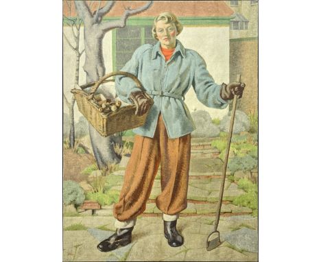 Veronica Burleigh (British, 1909-1999), full length portrait of a lady gardening, oil on canvas, signed lower left, H.102cm W