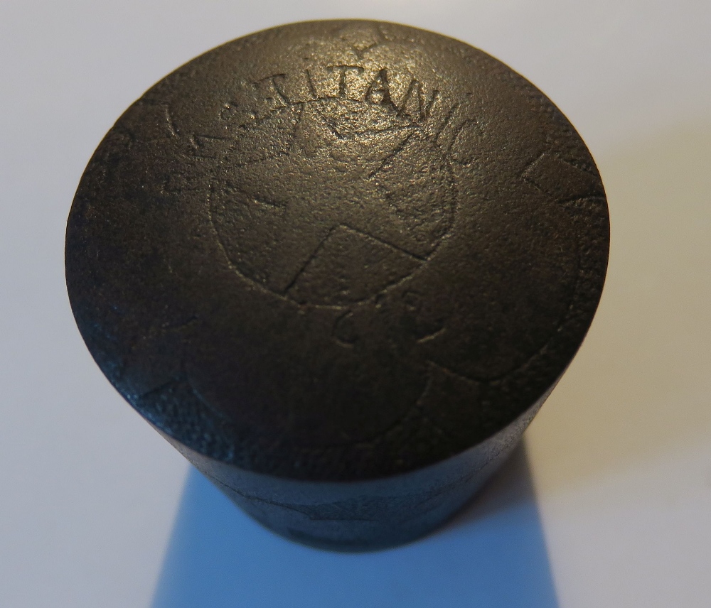 R.M.S. TITANIC Period iron rivet head engraved "R.M.S. Titanic 1912