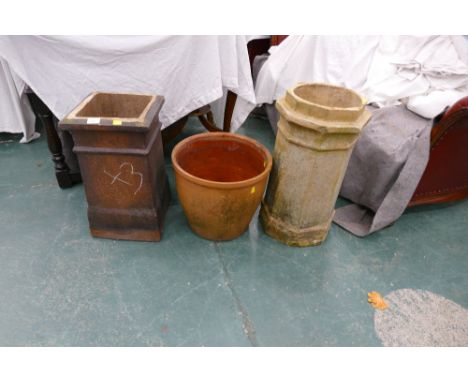 Two garden chimney pots and terracotta planter