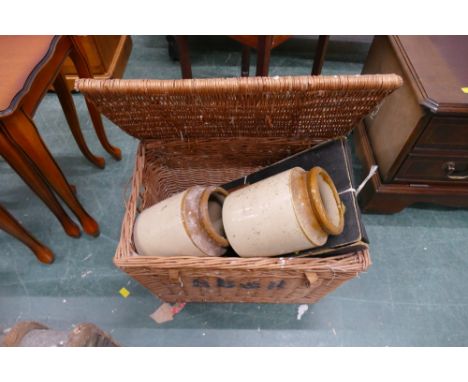 Vintage basket, stoneware crocks, Monopoly etc