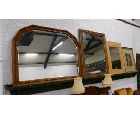 Three large overmantel and wall mirrors, largest 135 x 106 cm, and framed print