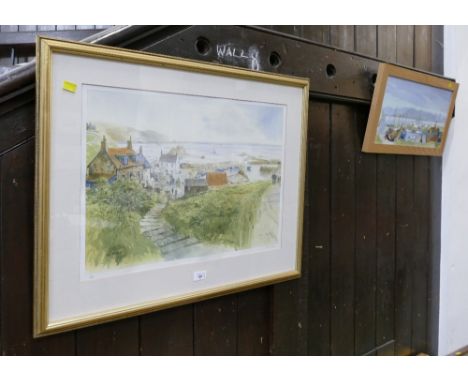 Signed limited edition print of St Ab's and oil on board harbour scene