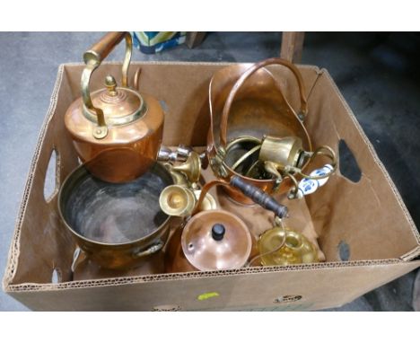 Box of copper and brassware, kettles, coal helmet etc