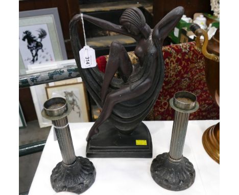Art Deco style metal female form lamp base and pair of metal candlesticks