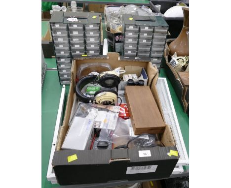 Box of tools and two miniature plastic storage sets of drawers