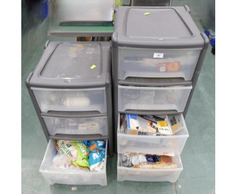 Two plastic storage drawers containing tools, nails, cable ties, light bulbs etc