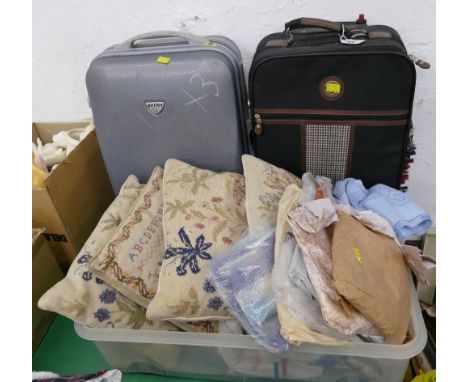Two suitcases and box of tapestry cushions and fabrics