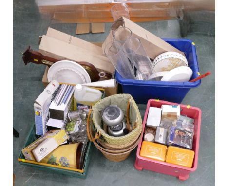 Five boxes of large glass vases, barometer, ceramics etc