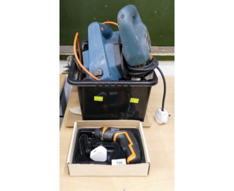 Cordless screwdriver, Bosch jigsaw, Black &amp; Decker planer, Powercraft sander and Parkside sander