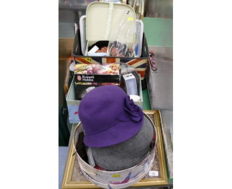 Tapestry picture and five boxes of scarves, hats, household items