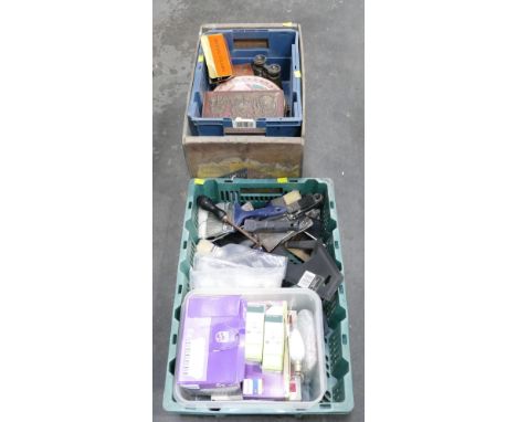Two boxes of hand tools, paint brushes, light bulbs etc