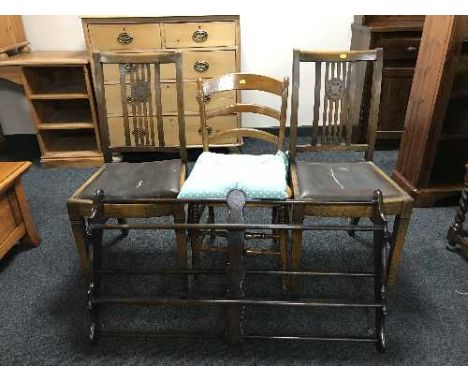 A pair of Edwardian dining chairs, bedroom chair and Ercol plate rack 