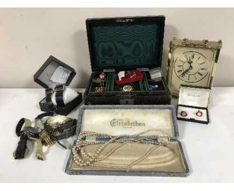 A box of vintage leather jewellery box of cuff links, brooch, badge, wrist watches, carriage clock etc 