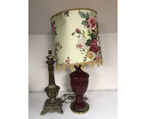 A decorative gilt metal lamp base together with a ceramic lamp with shade 