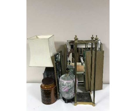 A brass stick stand, two horn handled walking sticks, dressing table mirror, Hornsea storage jar and two table lamps 