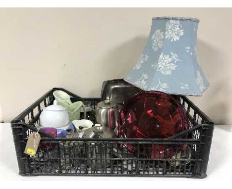 Two baskets of china and stainless steel ware, part Colclough and Royal Stafford tea china, table lamp etc 